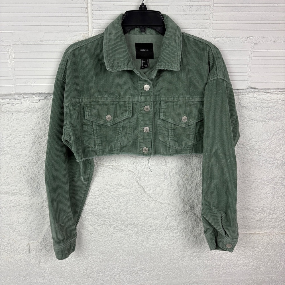 FOREVER 21 olive green corduroy cotton cropped jean jacket size small